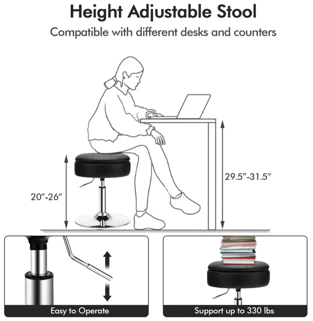 Adjustable 360� Swivel Storage Vanity Stool with Removable Tray