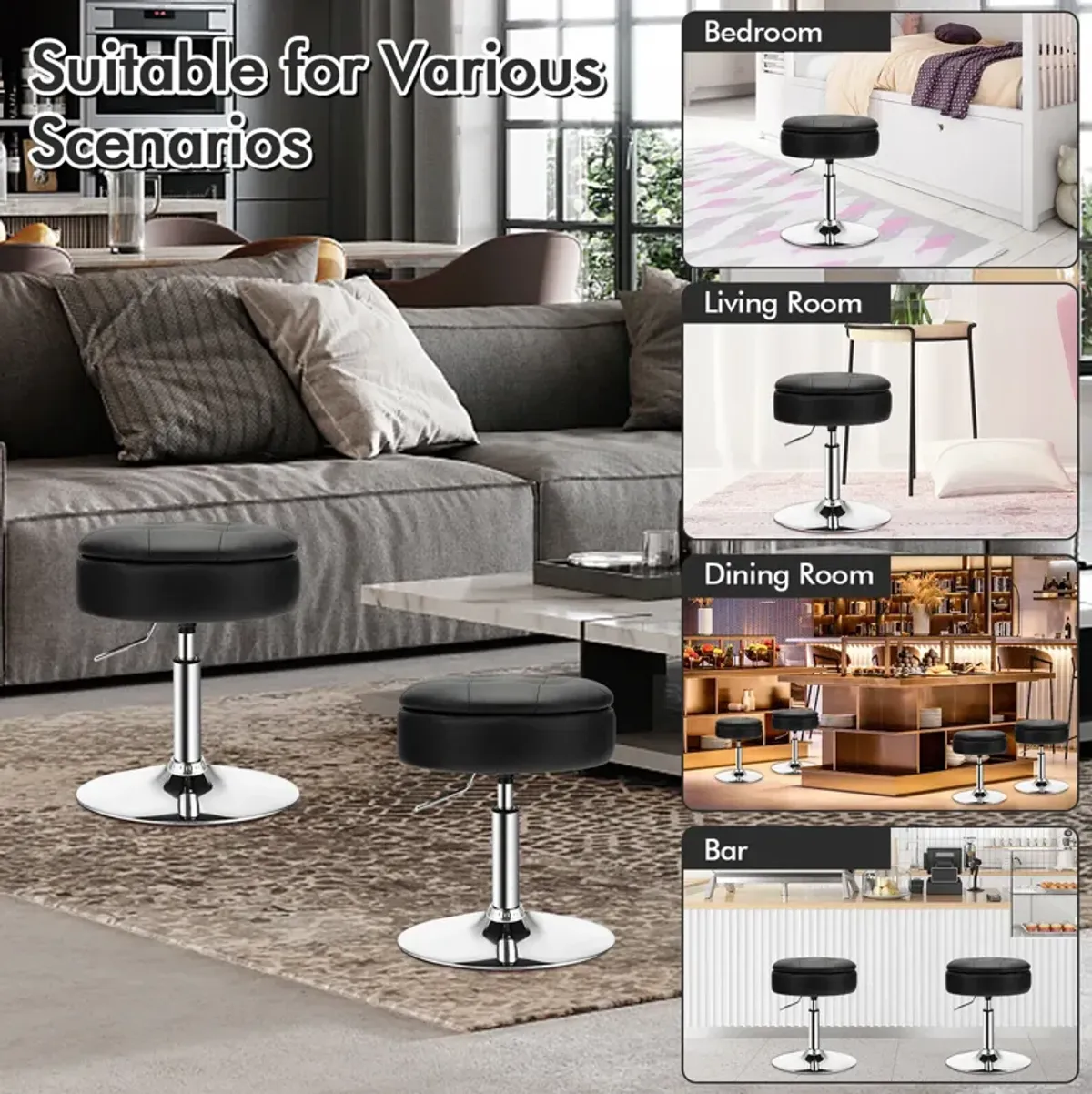 Adjustable 360� Swivel Storage Vanity Stool with Removable Tray