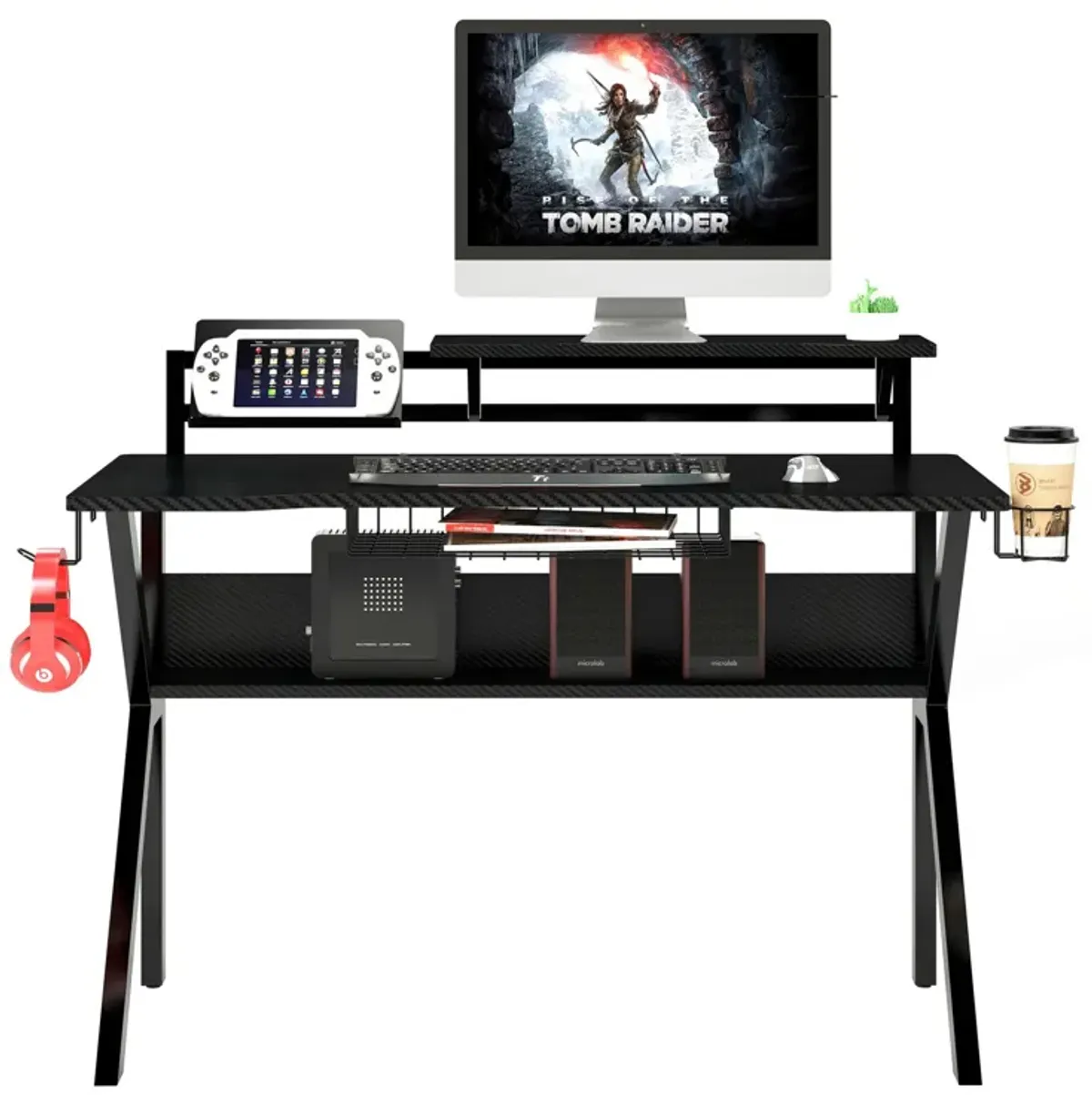 PVC Coated Ergonomic Metal Frame Gaming Desk with K Shape Legs, Black-Benzara