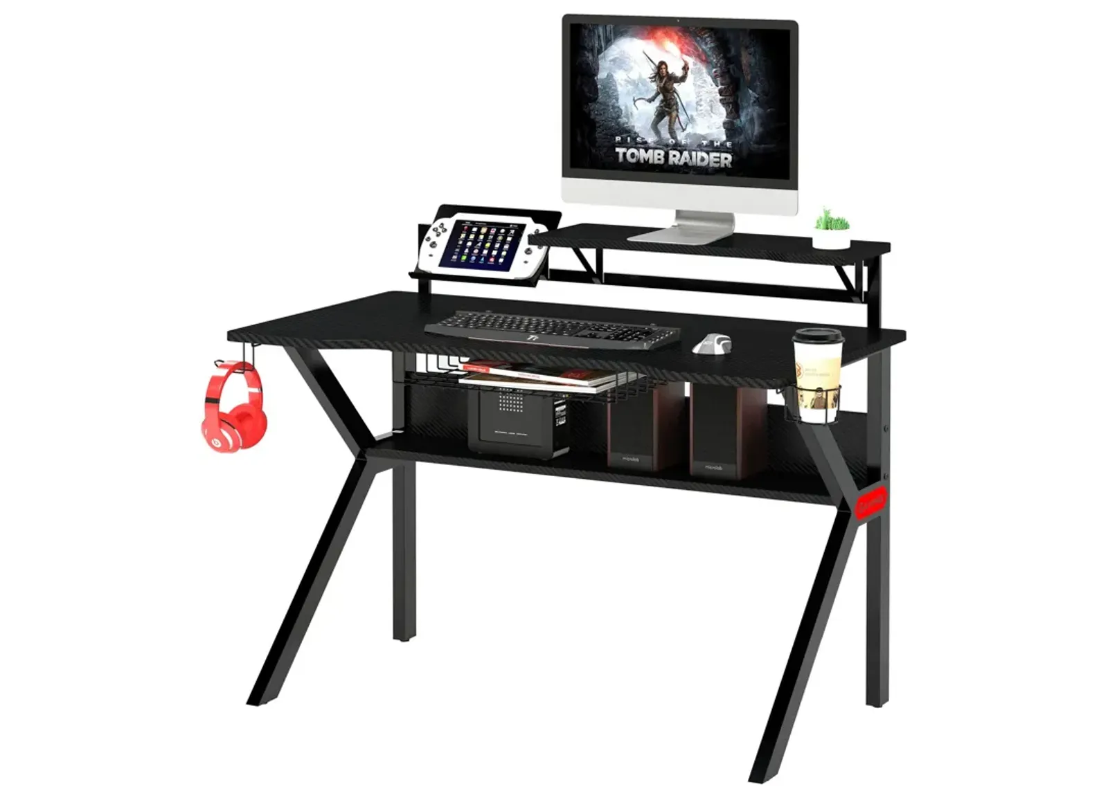 PVC Coated Ergonomic Metal Frame Gaming Desk with K Shape Legs, Black-Benzara