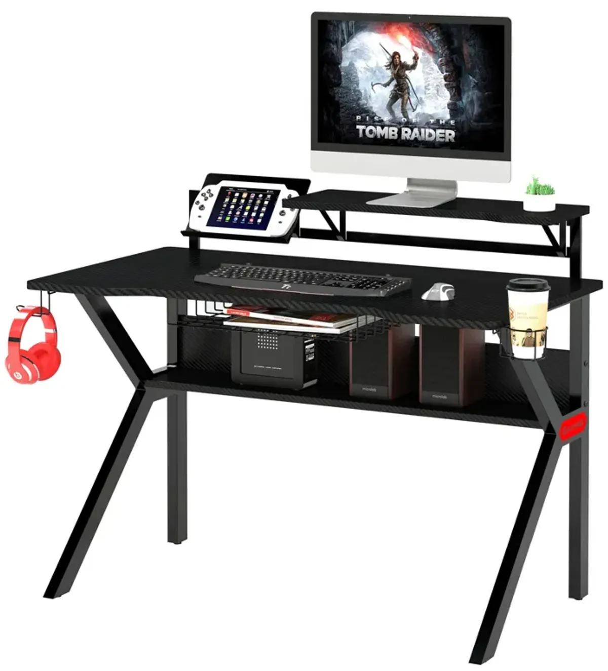 PVC Coated Ergonomic Metal Frame Gaming Desk with K Shape Legs, Black-Benzara