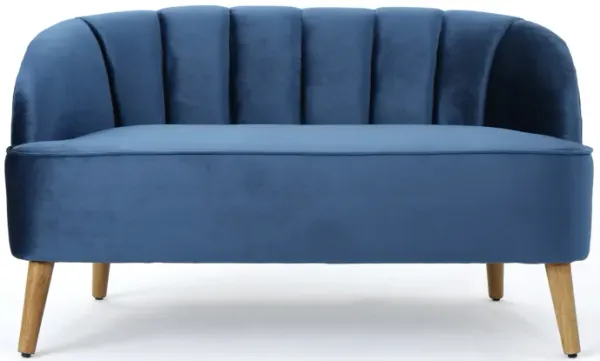 Snap Loveseat, 50 Inch, Retro Channel Stitched Blue Polyester Velvet - Benzara