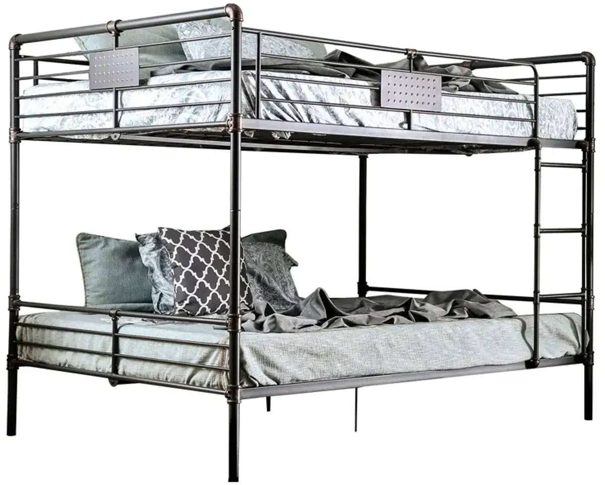 2 Tier Industrial Style Queen Size Bunk Bed with Attached Ladder, Black - Benzara