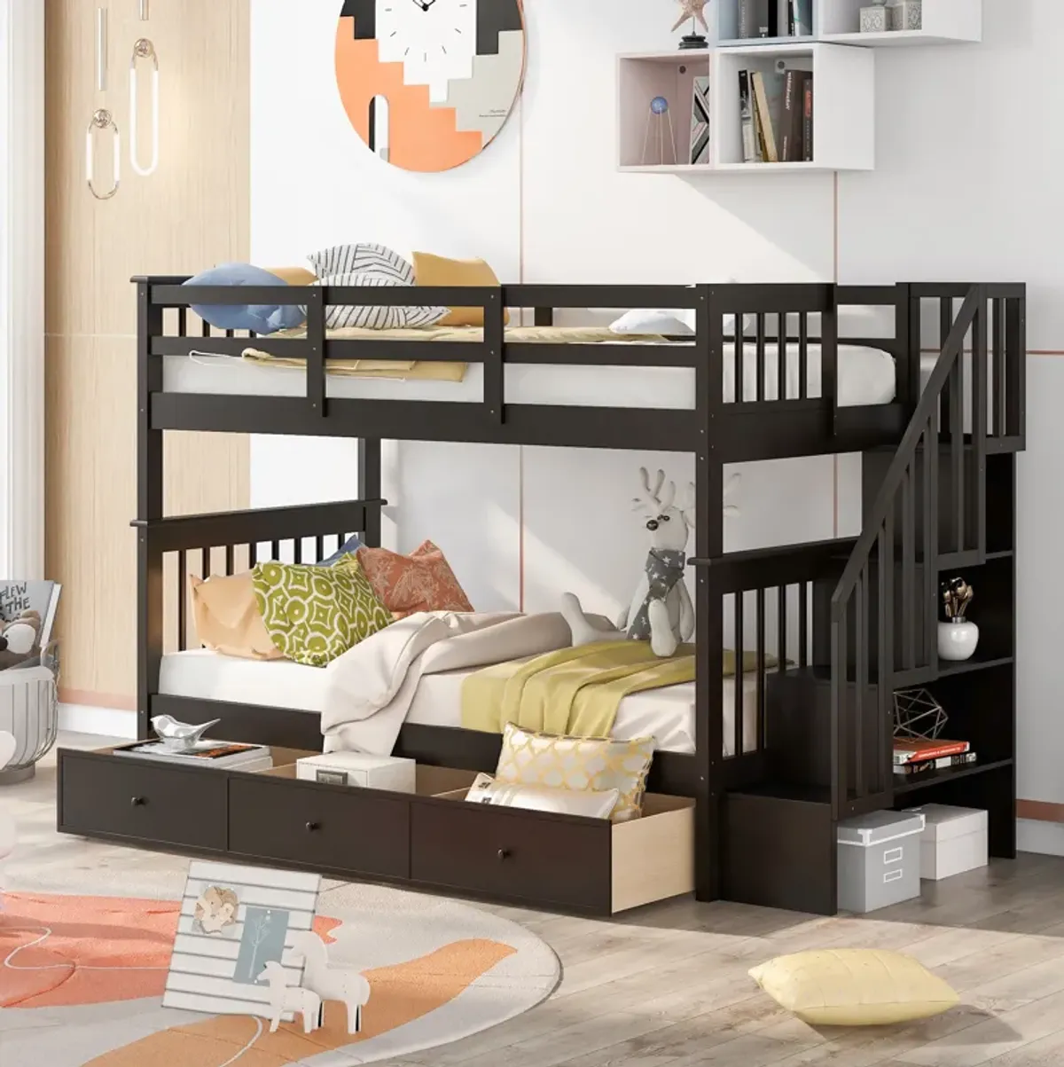 Merax Stairway Twin-Over-Twin Bunk Bed with Three Drawers for Bedroom, Dorm