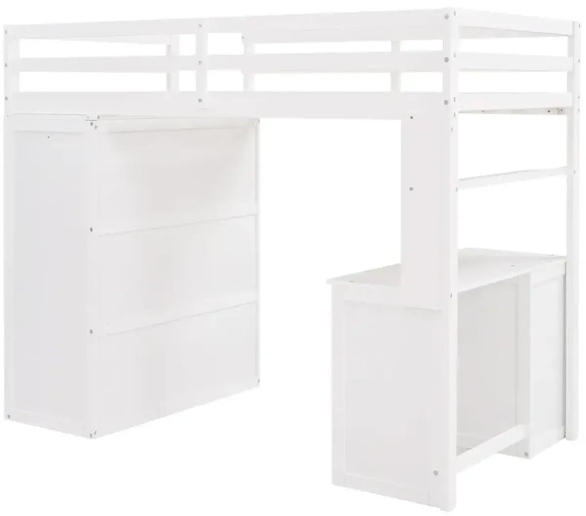 Twin Size Loft Bed With Drawers, Desk, And Wardrobe