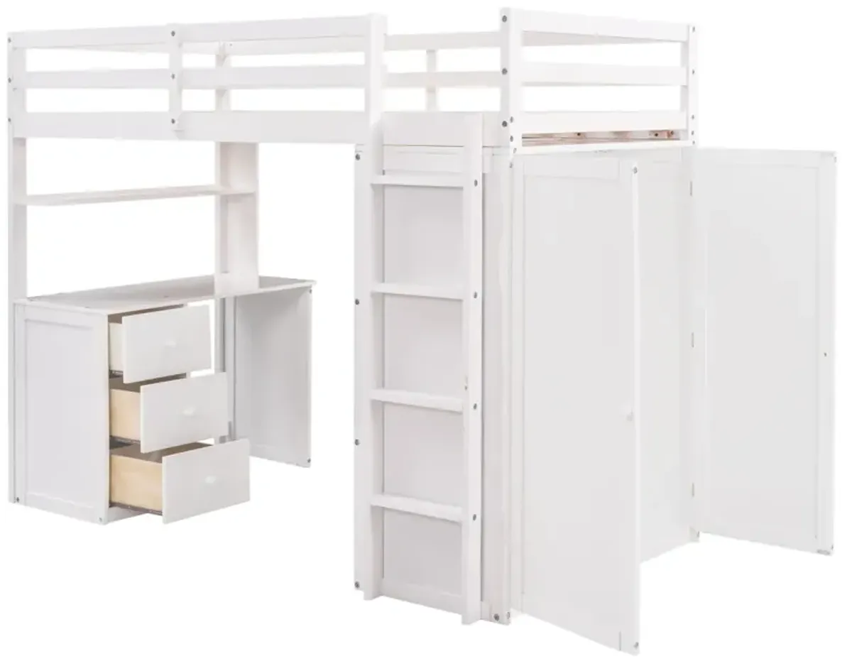 Twin Size Loft Bed With Drawers, Desk, And Wardrobe