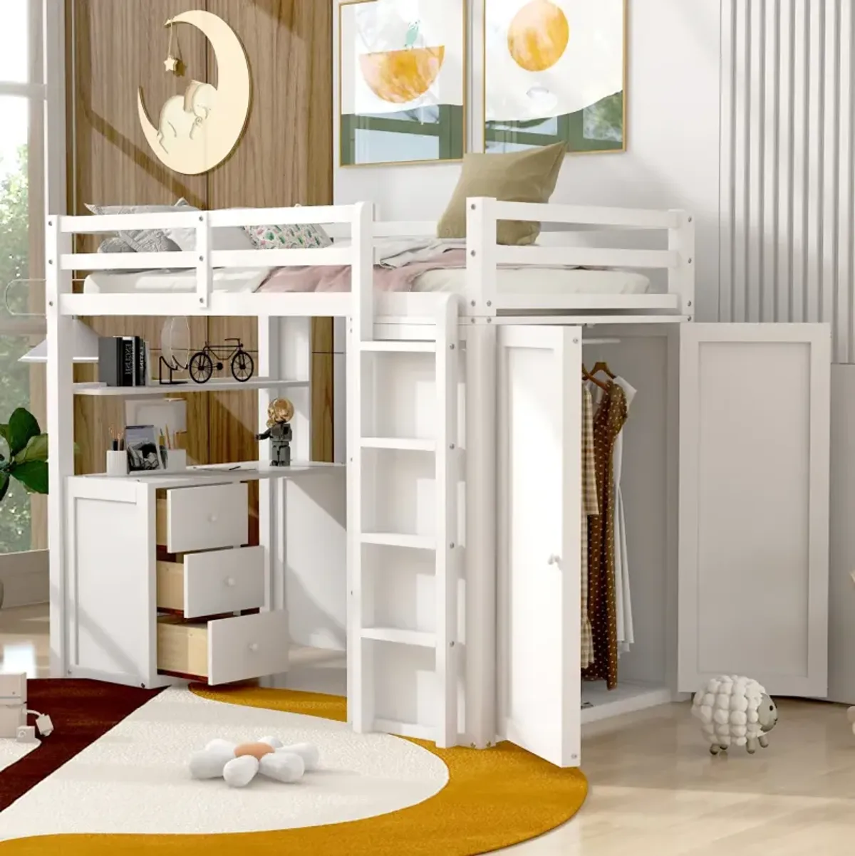 Twin Size Loft Bed With Drawers, Desk, And Wardrobe