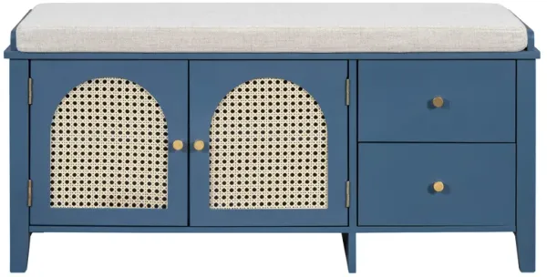 Clihome Shoe Storage Bench, Vintage Shoe Bench with Storage and Cushion, Shoe Bench with 2 Drawers and 2 Rattan Door for Entryway, Bedroom, Living Room, Navy