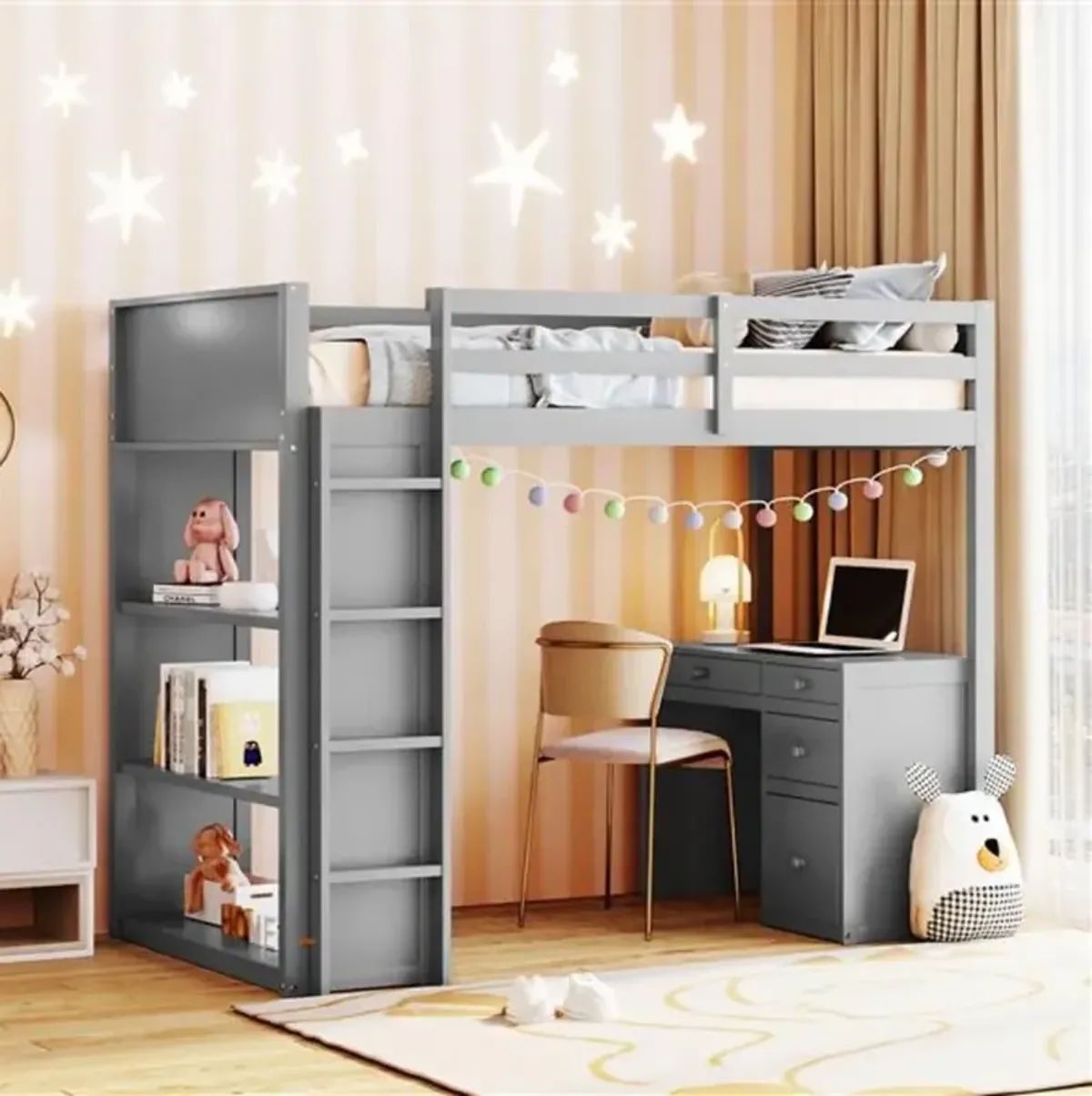 Loft Bed with Ladder Space-Saving Design with Built-In Shelves & Desk