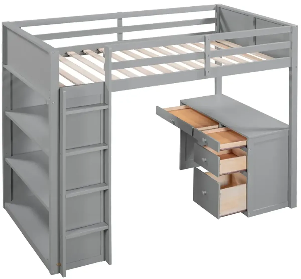 Loft Bed with Ladder Space-Saving Design with Built-In Shelves & Desk