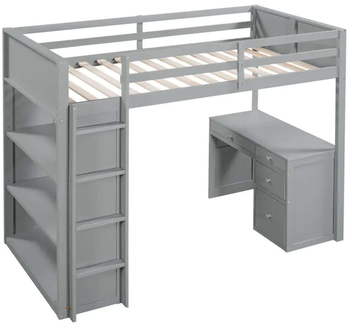 Loft Bed with Ladder Space-Saving Design with Built-In Shelves & Desk
