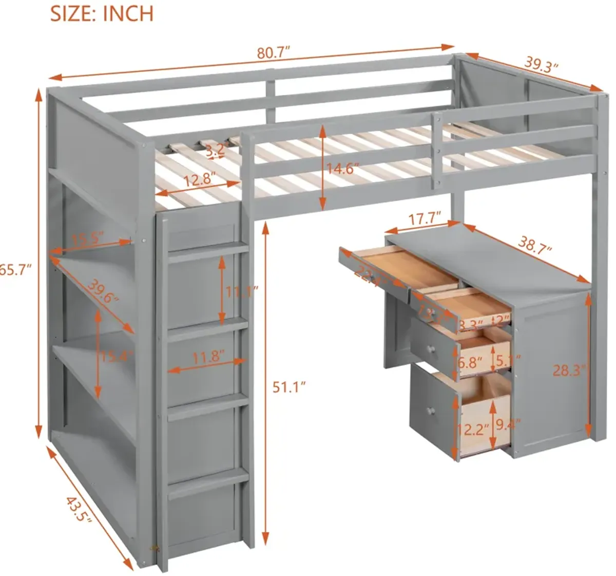 Loft Bed with Ladder Space-Saving Design with Built-In Shelves & Desk