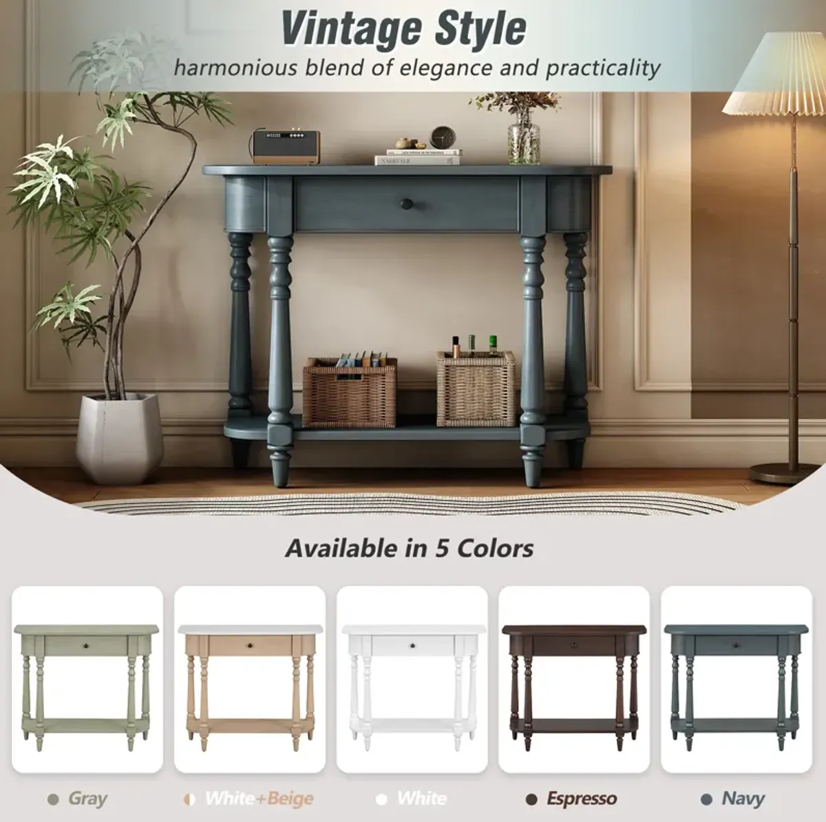 Clihome Narrow Console Table with Curved Corner, Retro Entryway Table with Top Drawer and Open Shelf, Sofa Table Console Tables for Entryway, Hallway and Living Room (Navy)