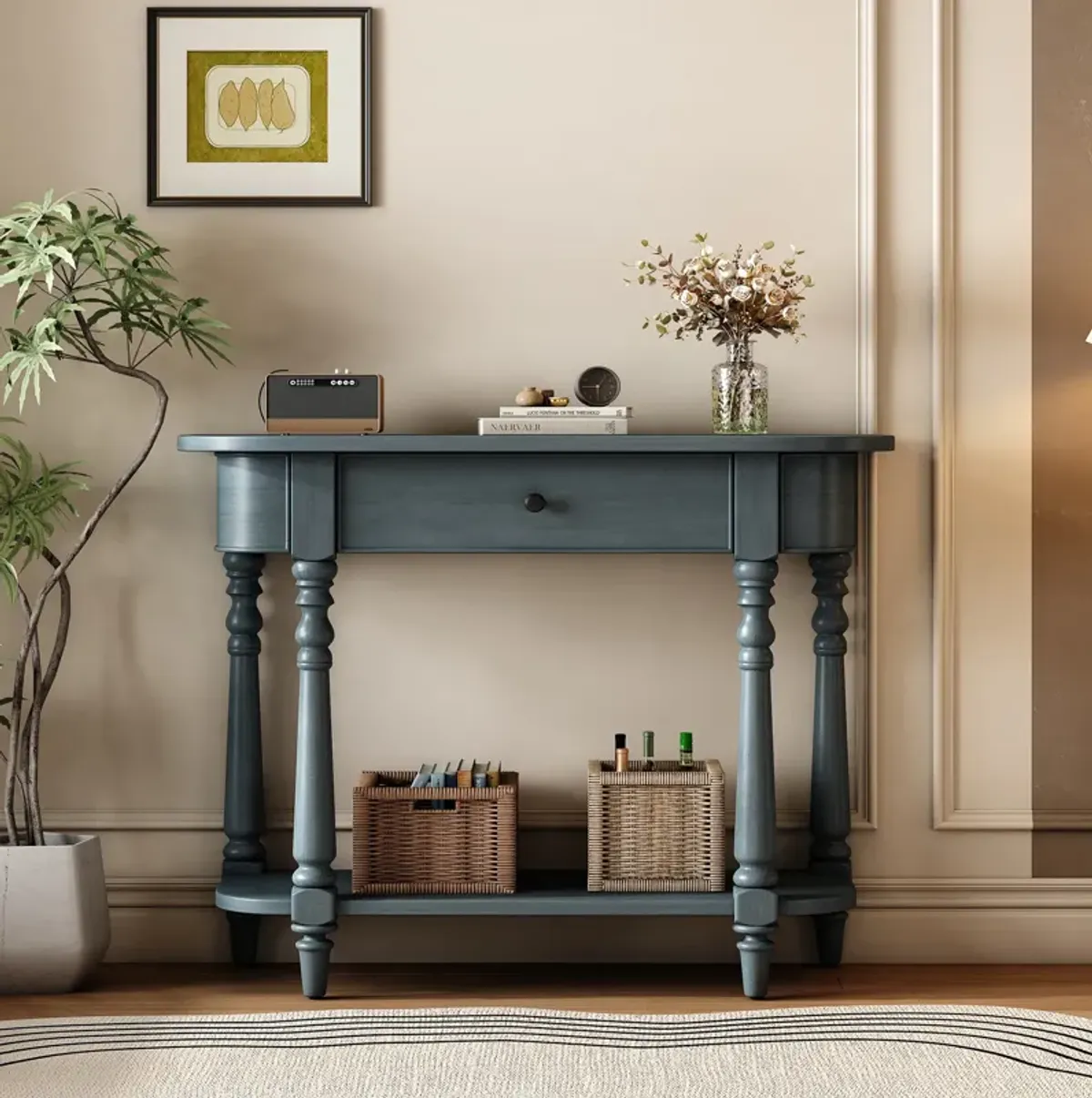 Clihome Narrow Console Table with Curved Corner, Retro Entryway Table with Top Drawer and Open Shelf, Sofa Table Console Tables for Entryway, Hallway and Living Room (Navy)
