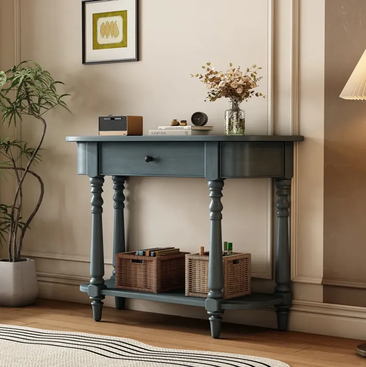 Clihome Narrow Console Table with Curved Corner, Retro Entryway Table with Top Drawer and Open Shelf, Sofa Table Console Tables for Entryway, Hallway and Living Room (Navy)
