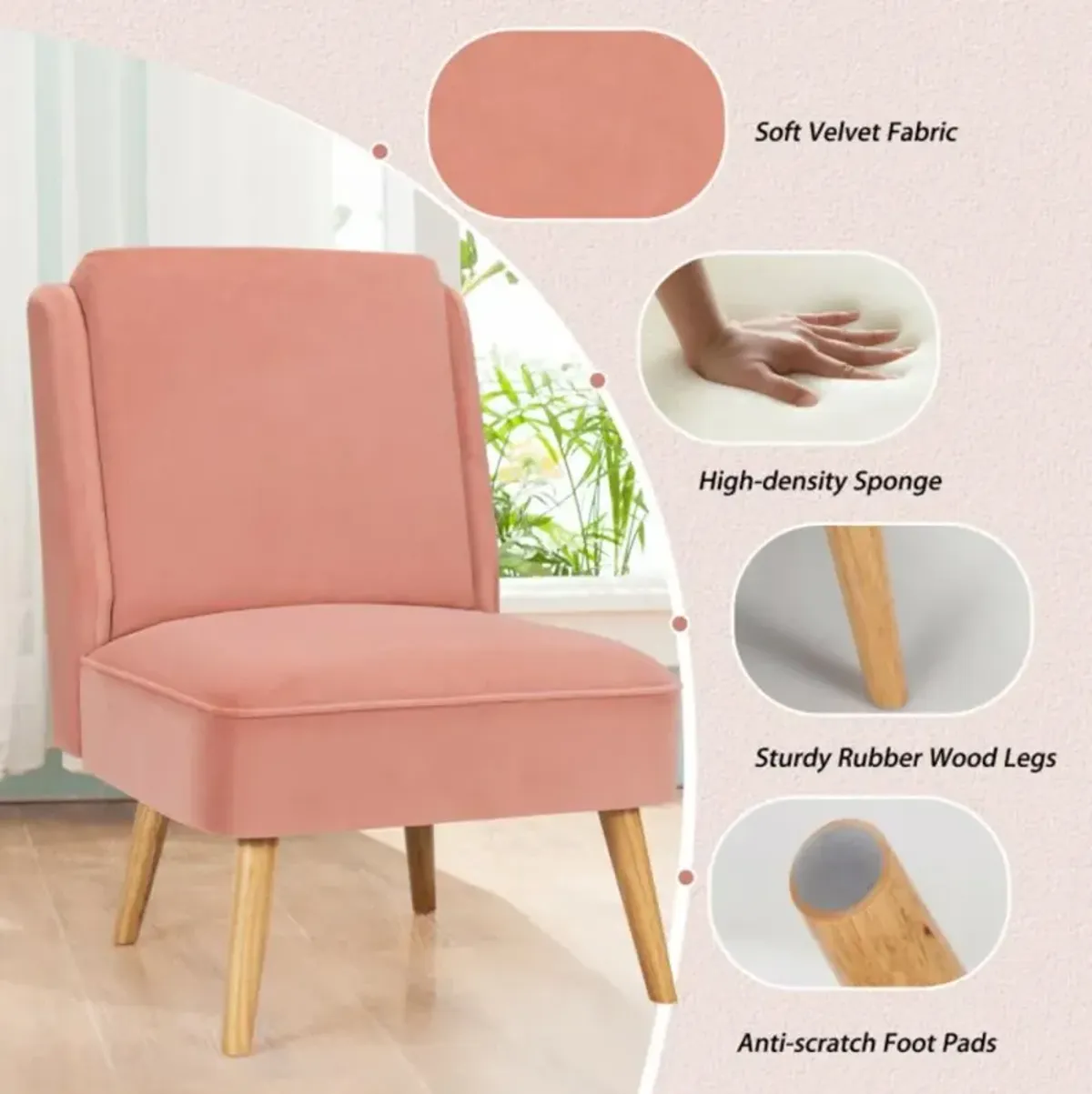 Hivvago Velvet Accent Armless Side Chair with Rubber Wood Legs for Bedroom