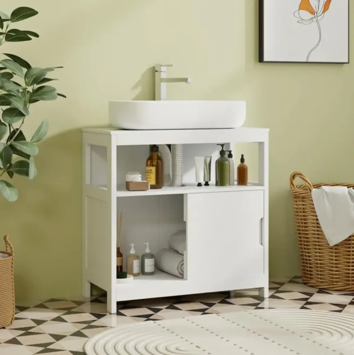 Hivvago Pedestal Sink Storage Cabinet with 2 Sliding Doors and U-shaped Cut-out-White