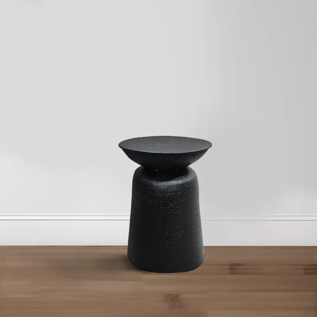 Josi 21 Inch Round Side End Table, Handcrafted Hammered Design, Drum Pedestal Aluminum Base, Matte Black - Benzara