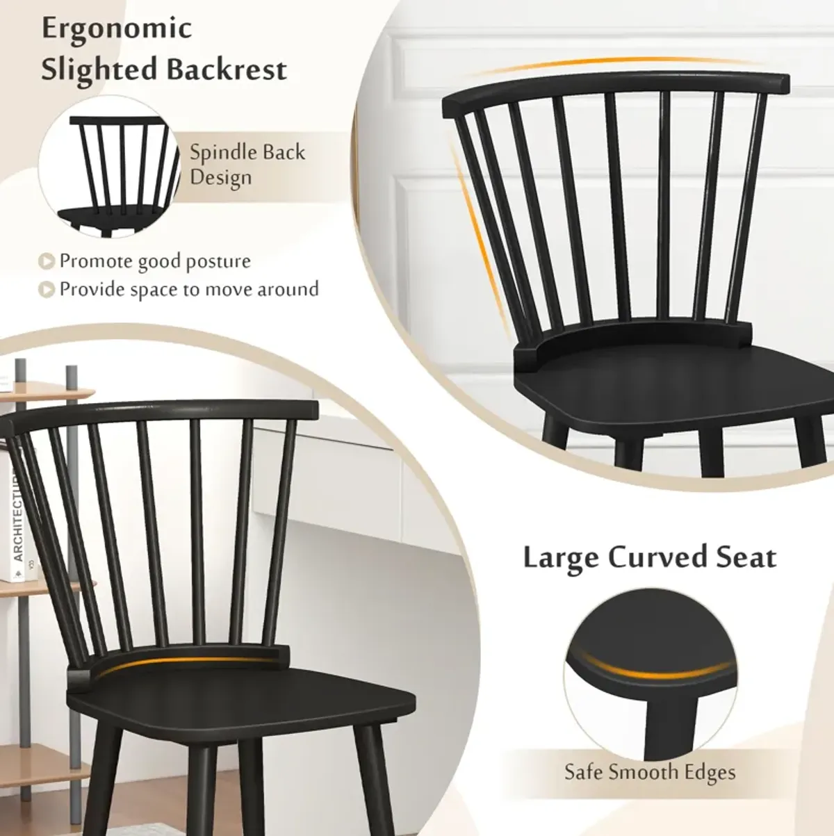 Windsor Dining Chairs Set of 2 Rubber Wood Kitchen Chairs with Spindle Back