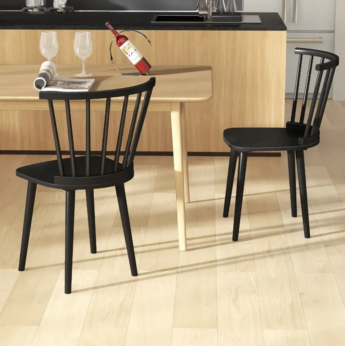 Windsor Dining Chairs Set of 2 Rubber Wood Kitchen Chairs with Spindle Back