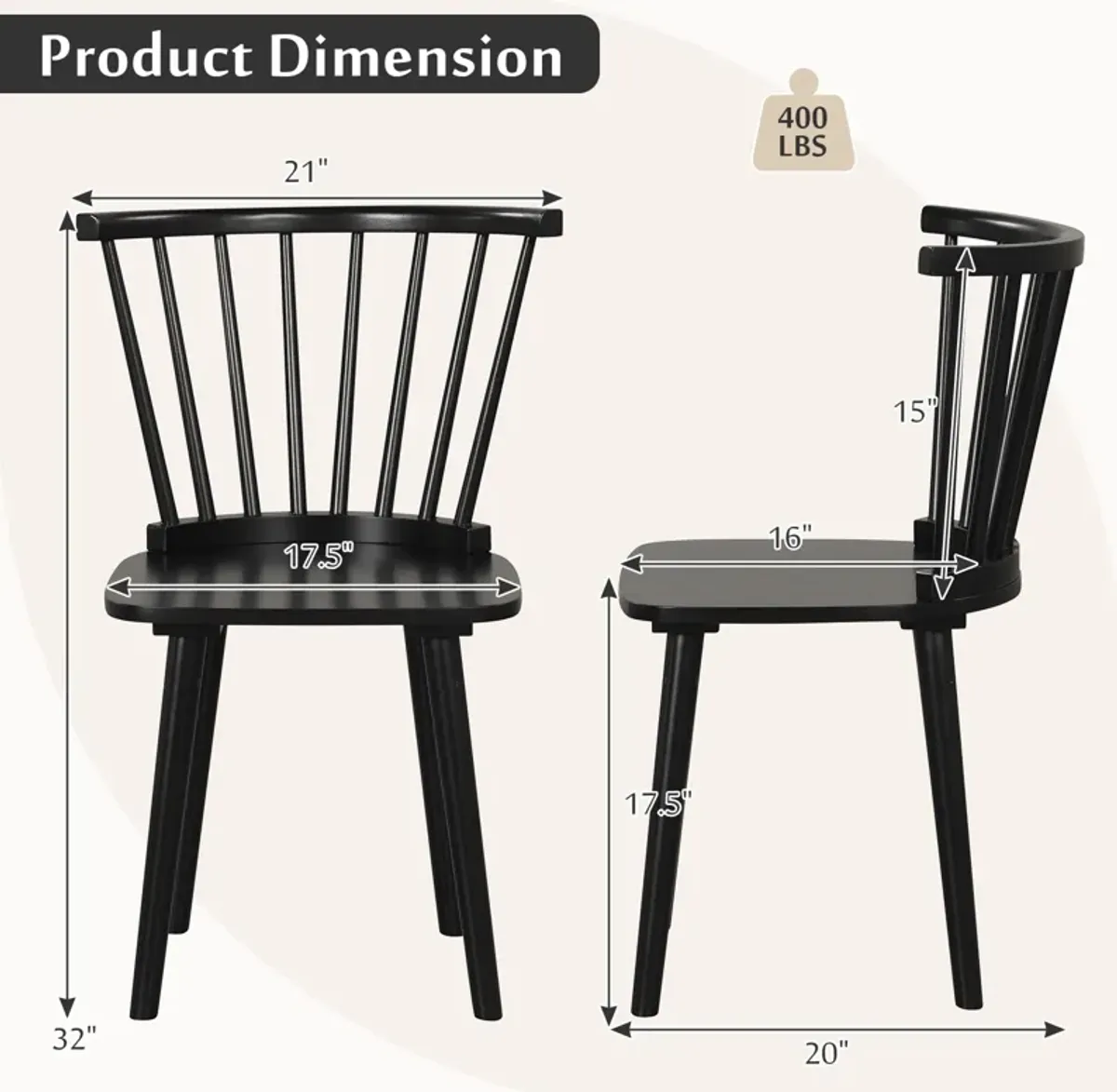 Windsor Dining Chairs Set of 2 Rubber Wood Kitchen Chairs with Spindle Back