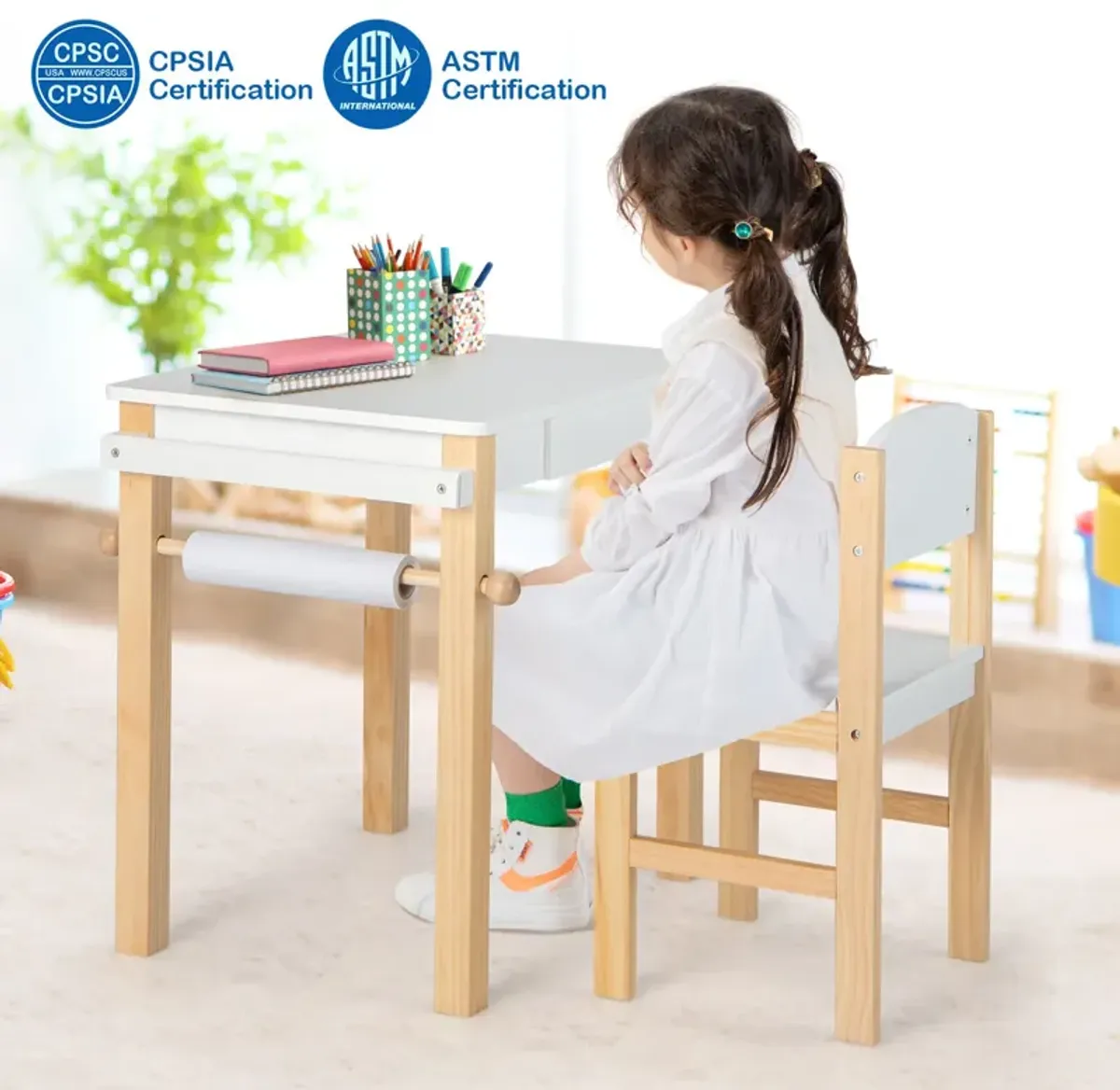 Kids Art Table and Chair Set with Drawer Paper Roll and 2 Markers