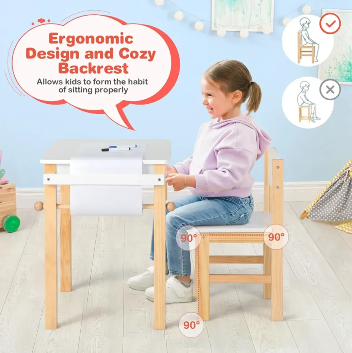 Kids Art Table and Chair Set with Drawer Paper Roll and 2 Markers