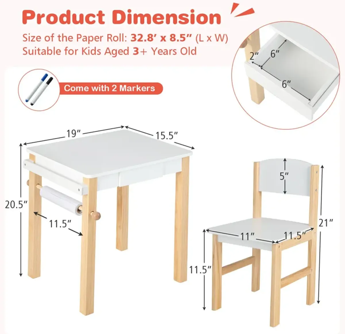 Kids Art Table and Chair Set with Drawer Paper Roll and 2 Markers