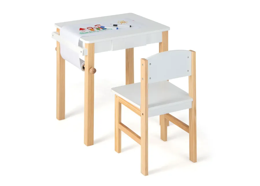 Kids Art Table and Chair Set with Drawer Paper Roll and 2 Markers