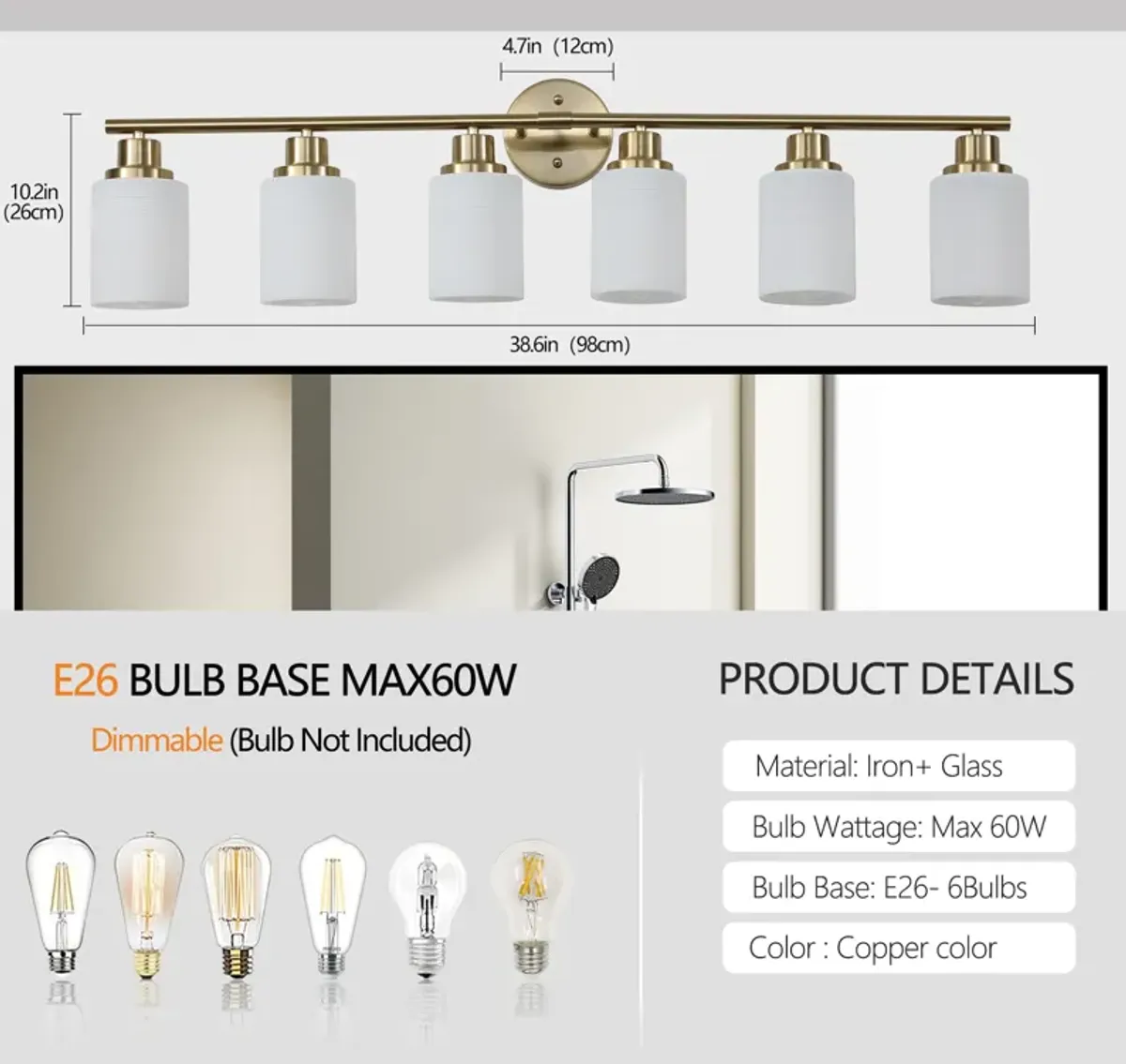 8-Light Golden Bathroom Vanity Light Fixture, Frosted Glass Shades, Modern Wall Mounted Lighting (No Bulbs)