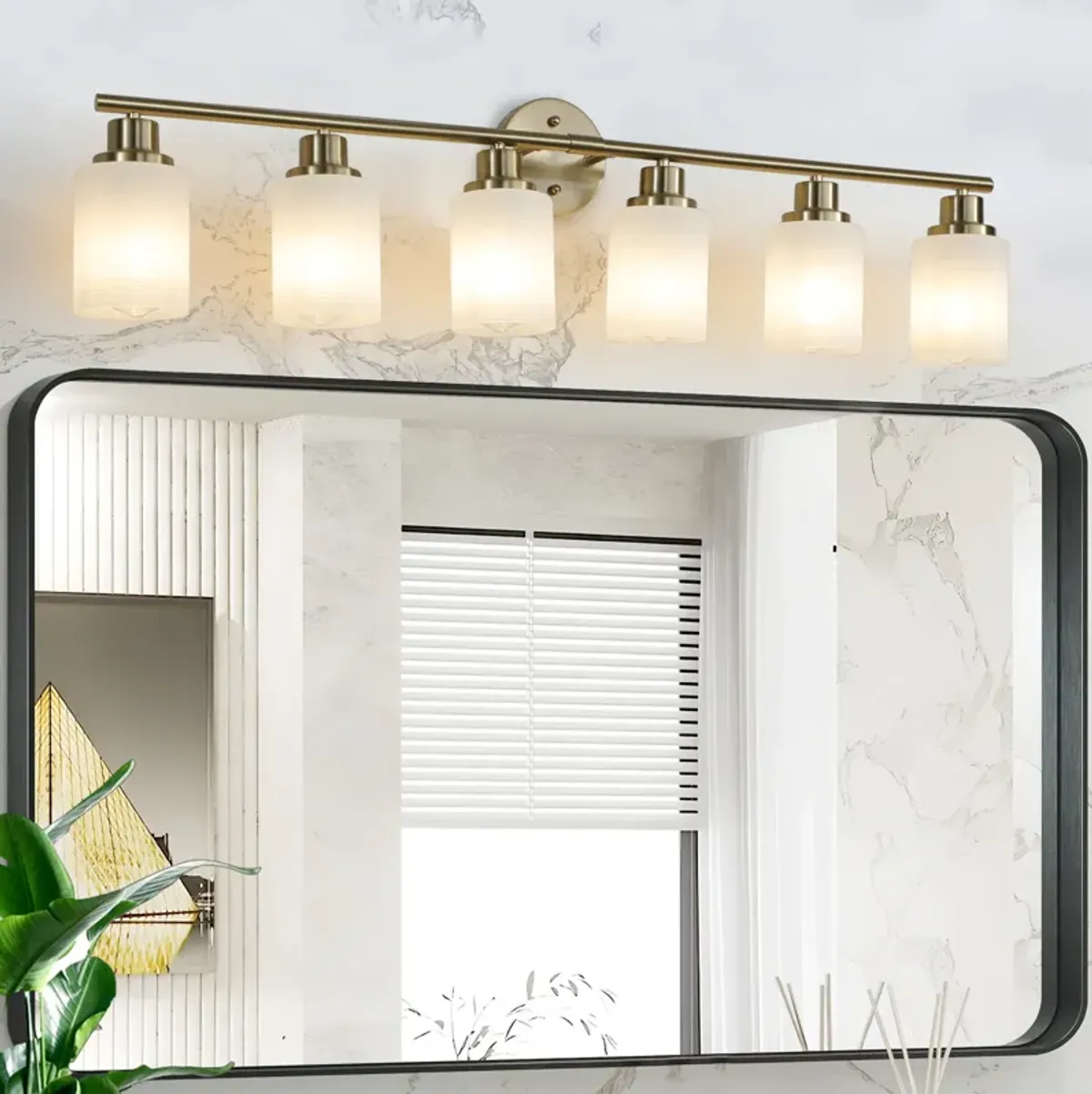 8-Light Golden Bathroom Vanity Light Fixture, Frosted Glass Shades, Modern Wall Mounted Lighting (No Bulbs)