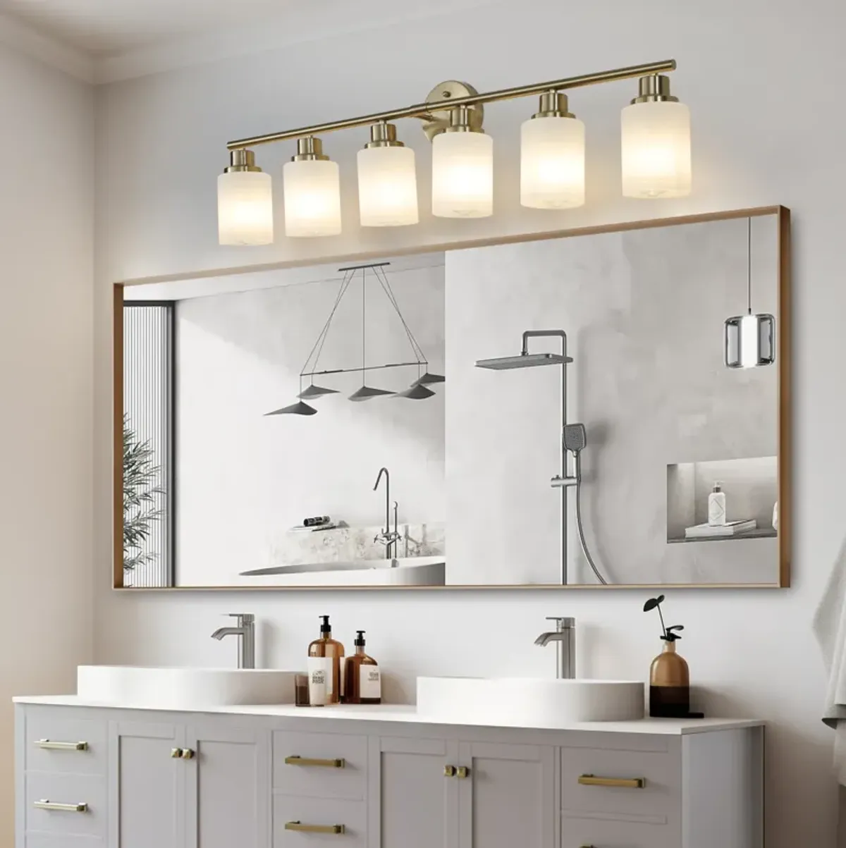 8-Light Golden Bathroom Vanity Light Fixture, Frosted Glass Shades, Modern Wall Mounted Lighting (No Bulbs)