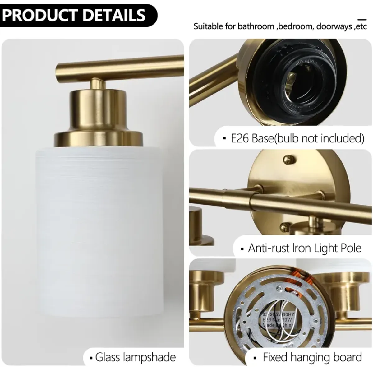 8-Light Golden Bathroom Vanity Light Fixture, Frosted Glass Shades, Modern Wall Mounted Lighting (No Bulbs)