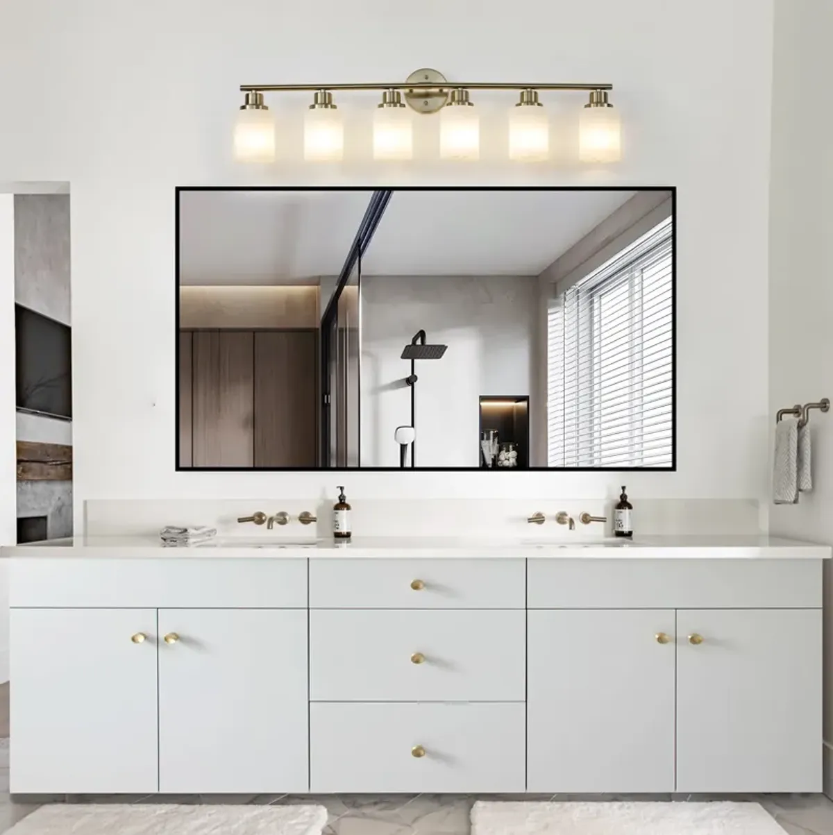 8-Light Golden Bathroom Vanity Light Fixture, Frosted Glass Shades, Modern Wall Mounted Lighting (No Bulbs)