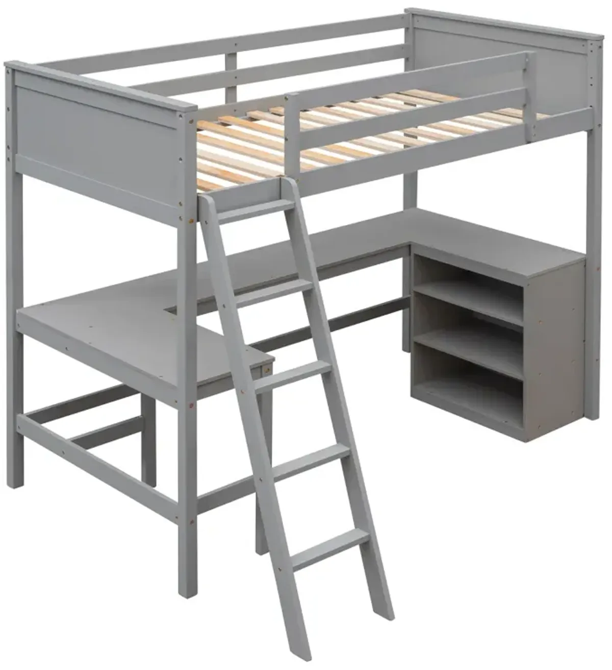 Twin Size Loft Bed With Shelves And Desk, Wooden Loft Bed With Desk