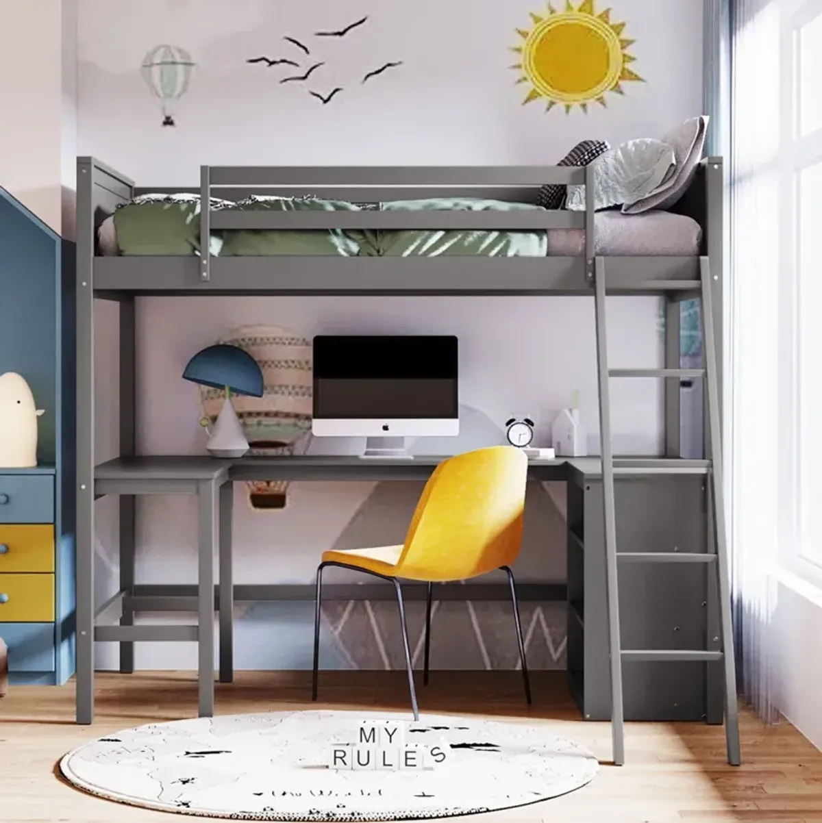 Twin Size Loft Bed With Shelves And Desk, Wooden Loft Bed With Desk