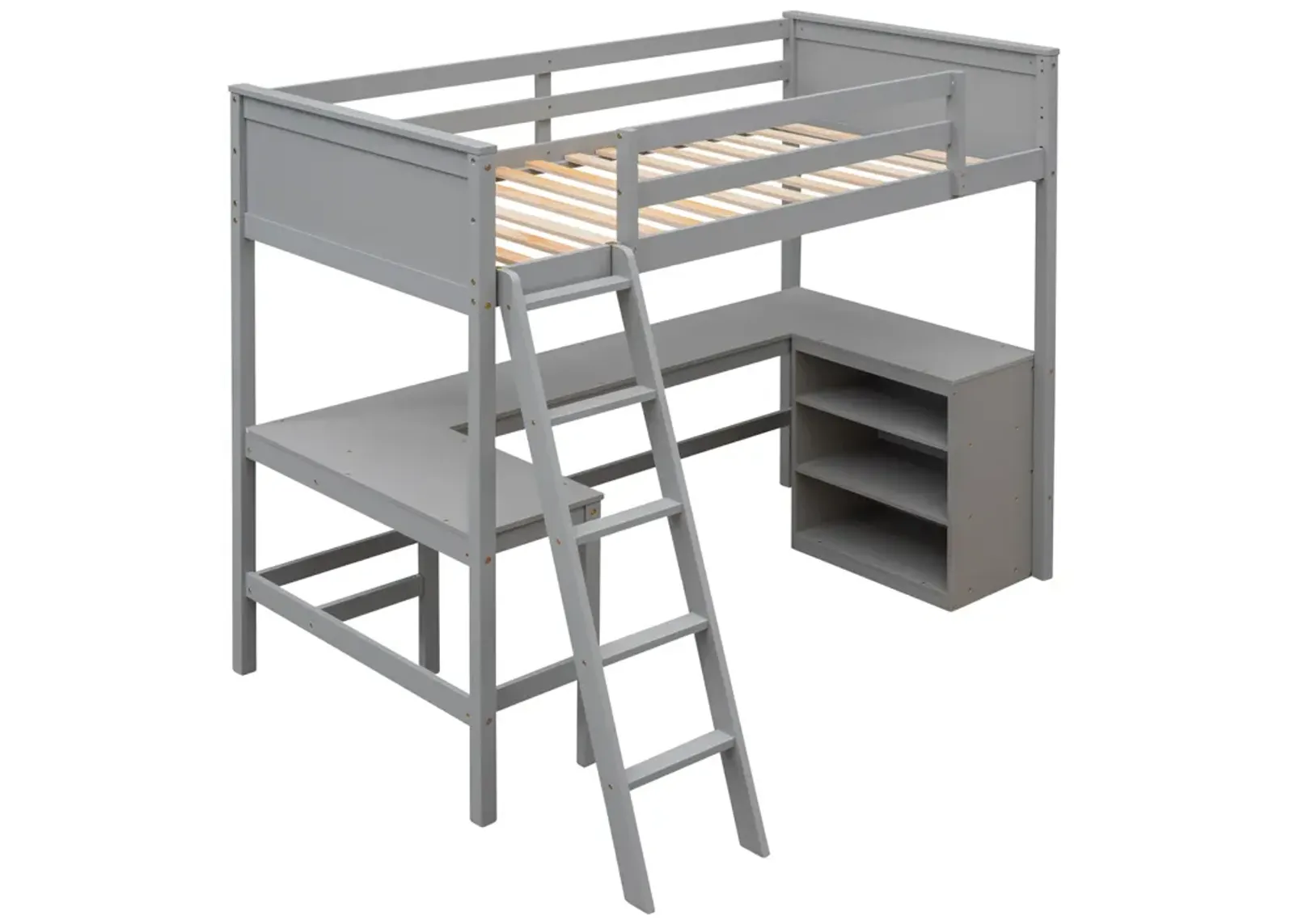 Twin Size Loft Bed With Shelves And Desk, Wooden Loft Bed With Desk