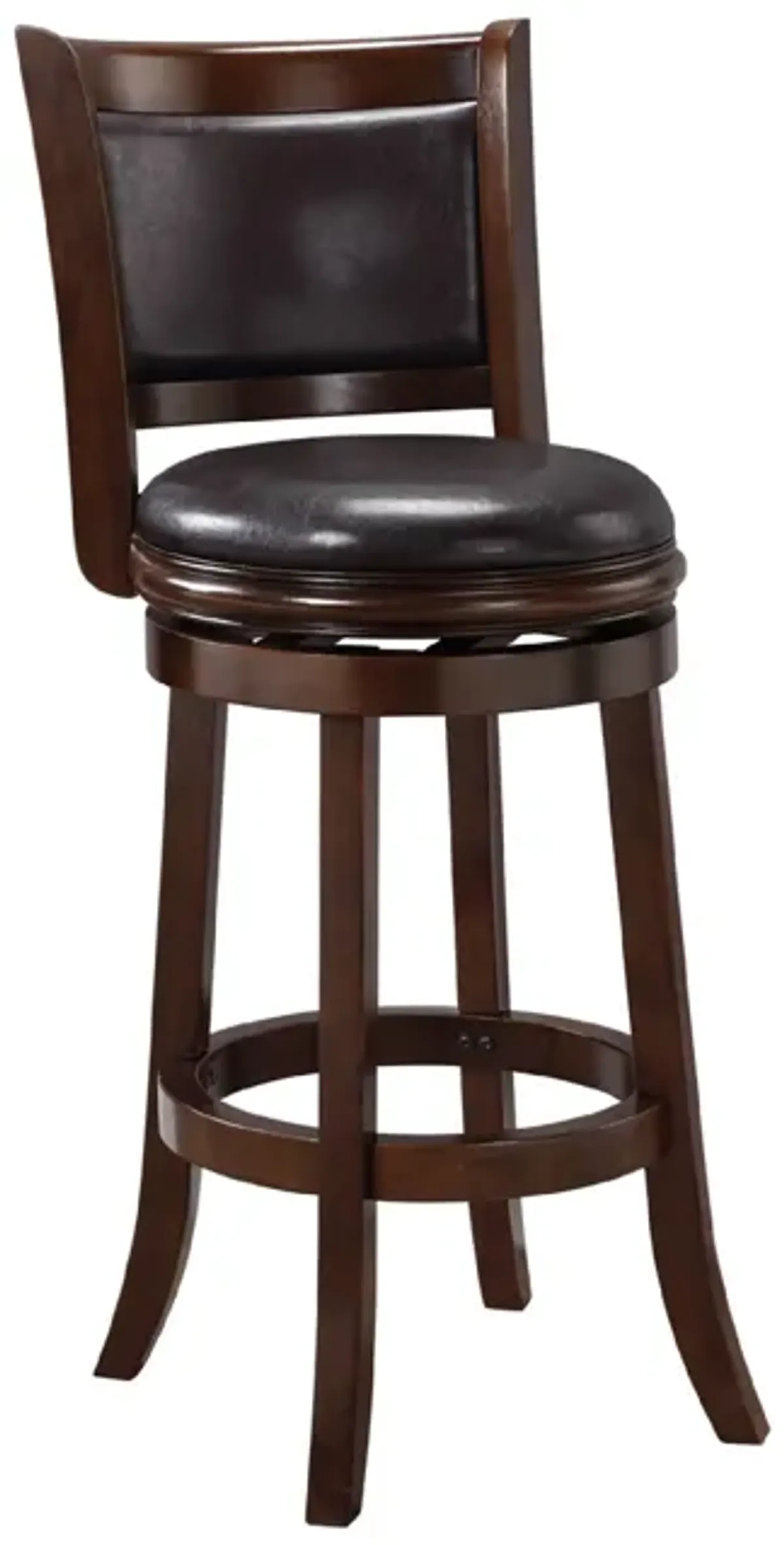 Pal 29 Inch Swivel Bar Stool, Solid Wood, Rich Faux Leather, Espresso Brown - Benzara
