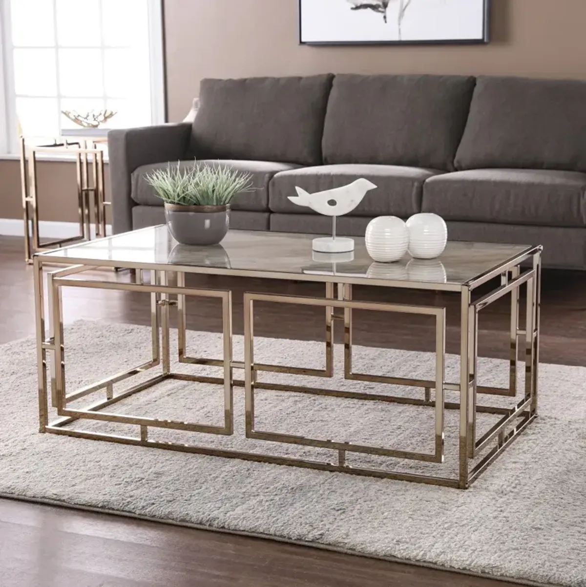 Hivvago 44" Champagne Glass And Metal Rectangular Coffee Table