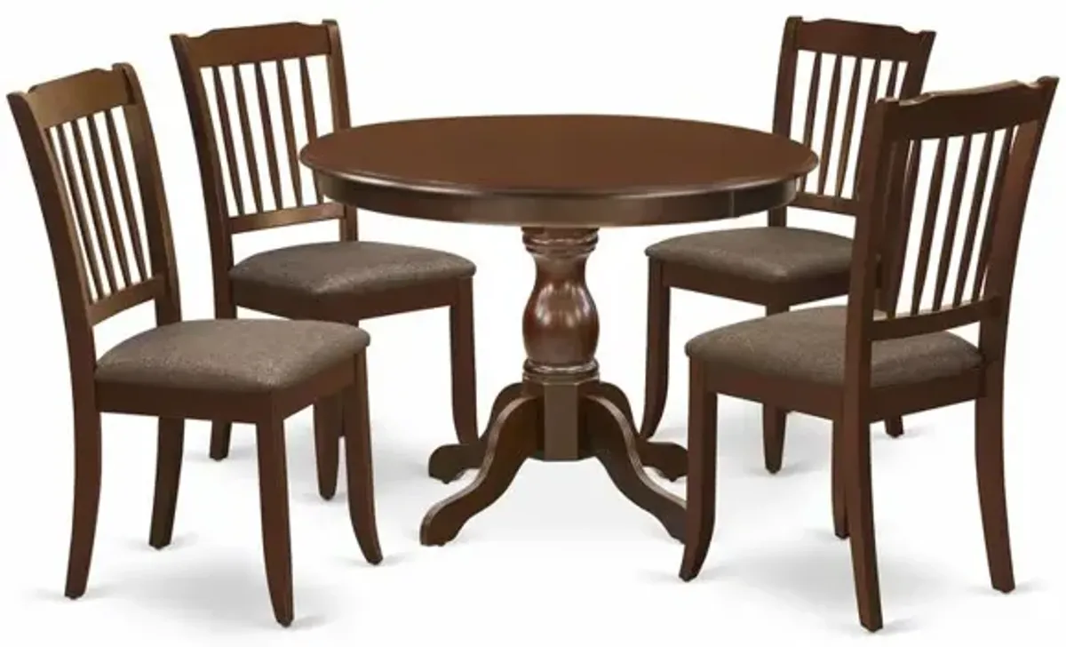 East West Furniture HBDA5-MAH-C 5 Piece Dining Room Table Set - Mahogany Dinning Table and 4 Mahogany Linen Fabric Dining Chairs with Slatted Back - Mahogany Finish