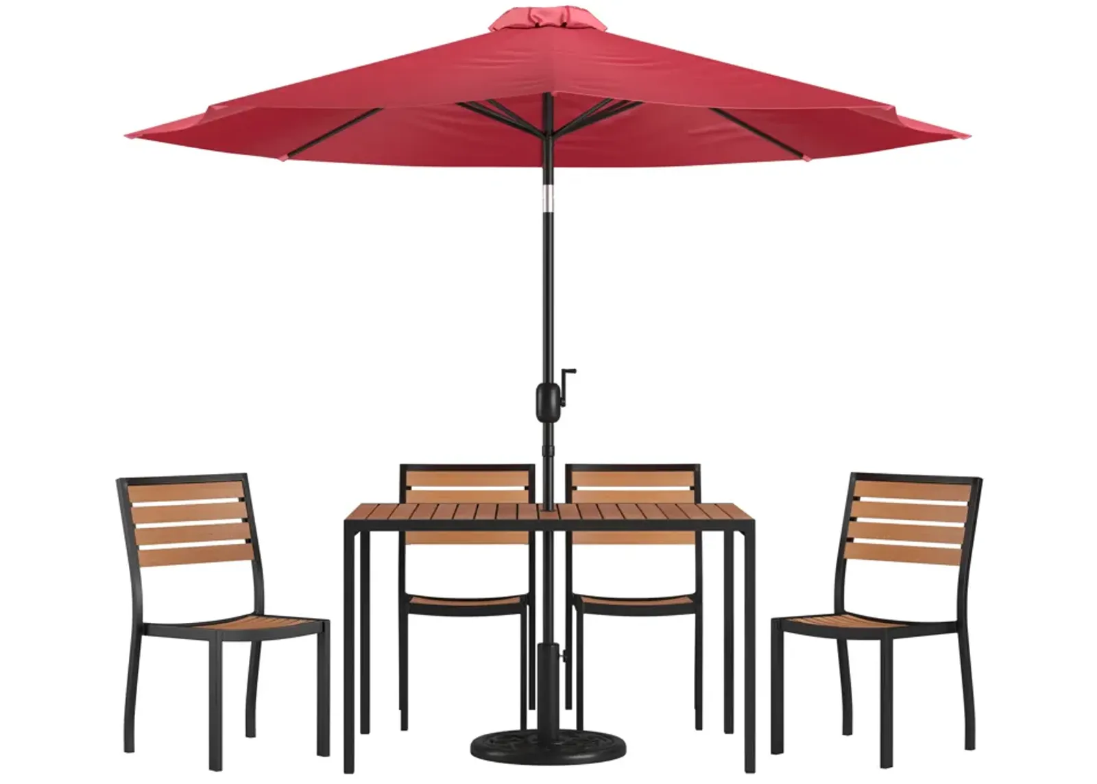 Flash Furniture Lark 7 Piece Patio Table Set - 4 Synthetic Stackable Faux Teak Chairs - 35" Square Faux Teak Table - Tan Umbrella with Base