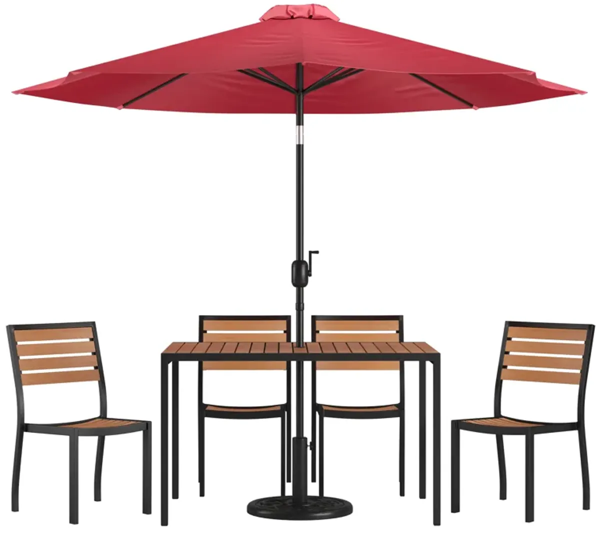 Flash Furniture Lark 7 Piece Patio Table Set - 4 Synthetic Stackable Faux Teak Chairs - 35" Square Faux Teak Table - Tan Umbrella with Base