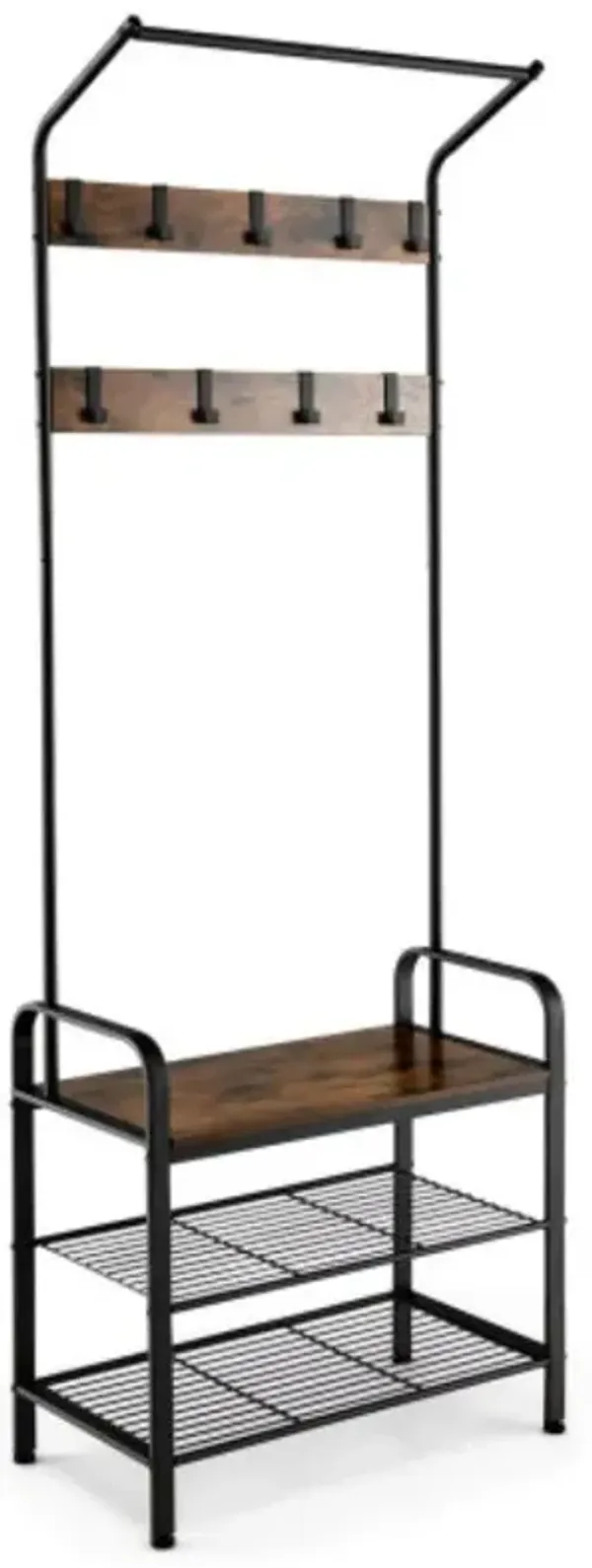 Hivvago 3-in-1 Industrial Hall Tree Coat Rack Shoe Bench with Storage Shelf and 9 Hooks
