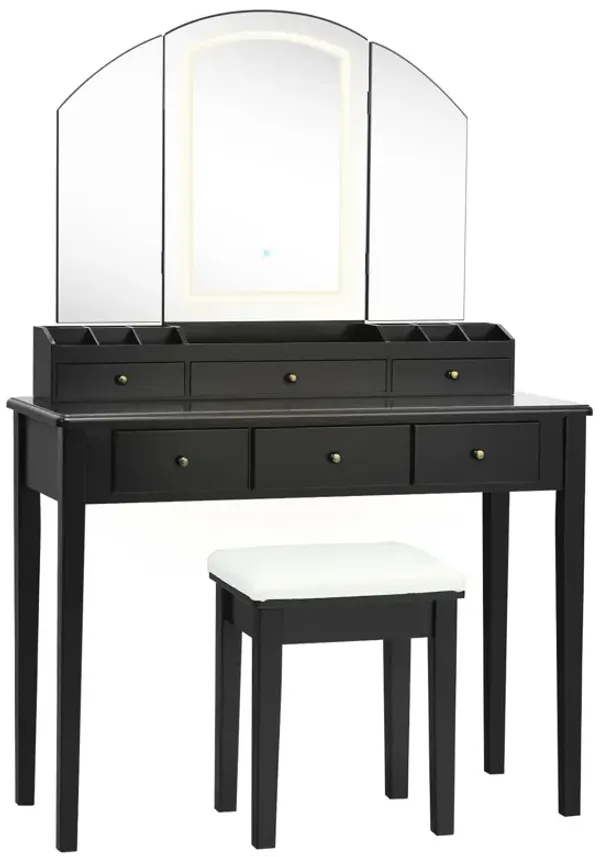 Vanity Table Stool Set with Large Tri-Folding Lighted Mirror for Bedroom or Dressing Area