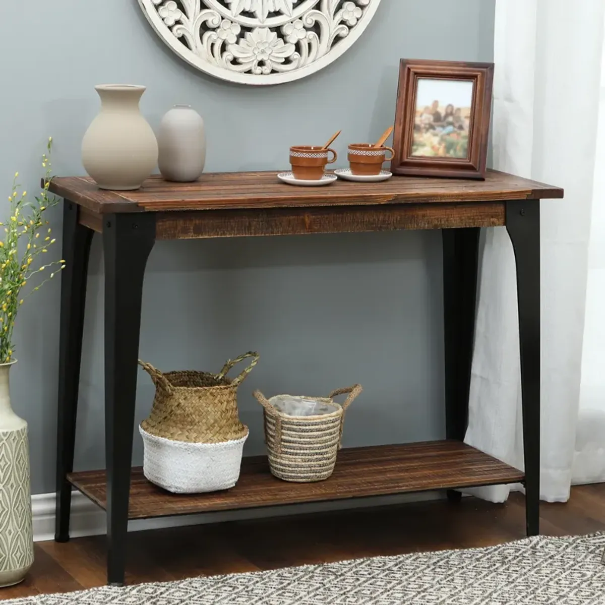 LuxenHome Dark Brown Wood and Black Metal 1-Shelf Console and Entry Table