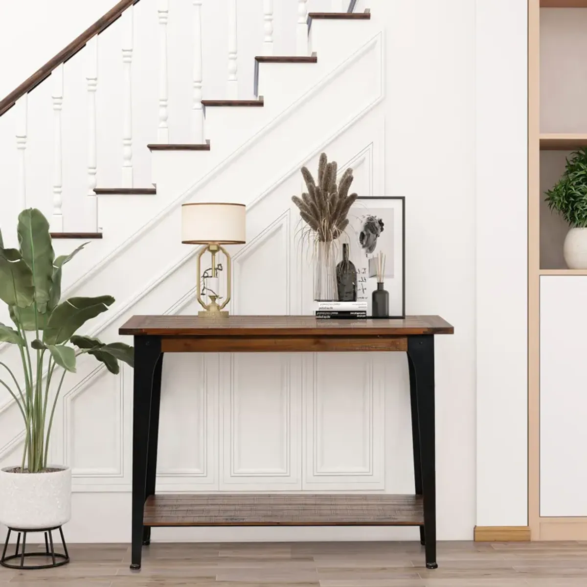 LuxenHome Dark Brown Wood and Black Metal 1-Shelf Console and Entry Table