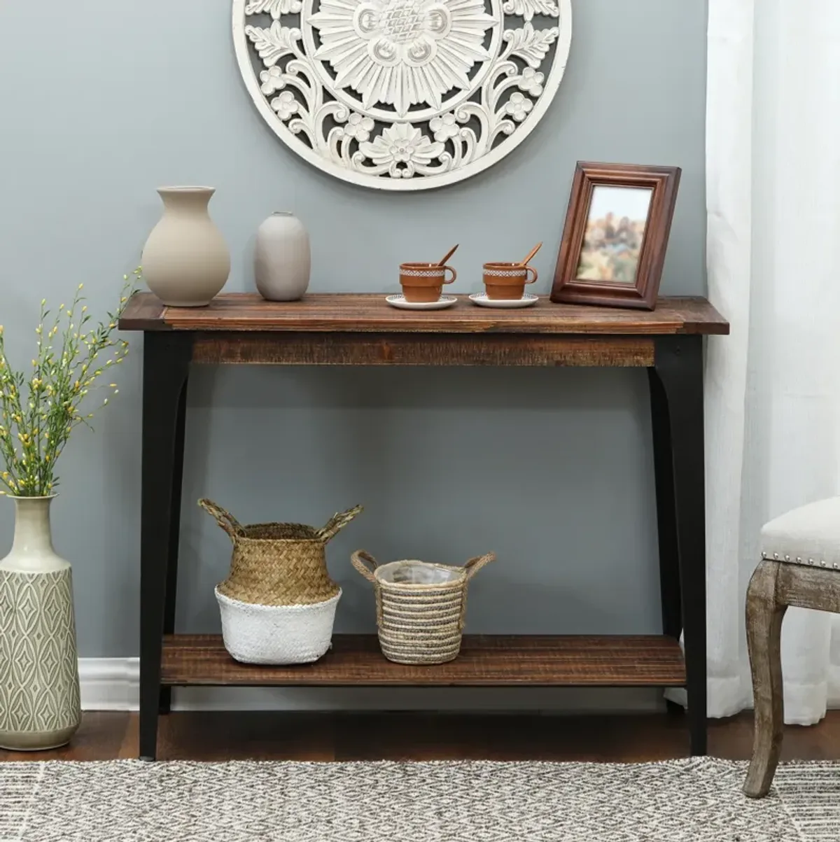 LuxenHome Dark Brown Wood and Black Metal 1-Shelf Console and Entry Table