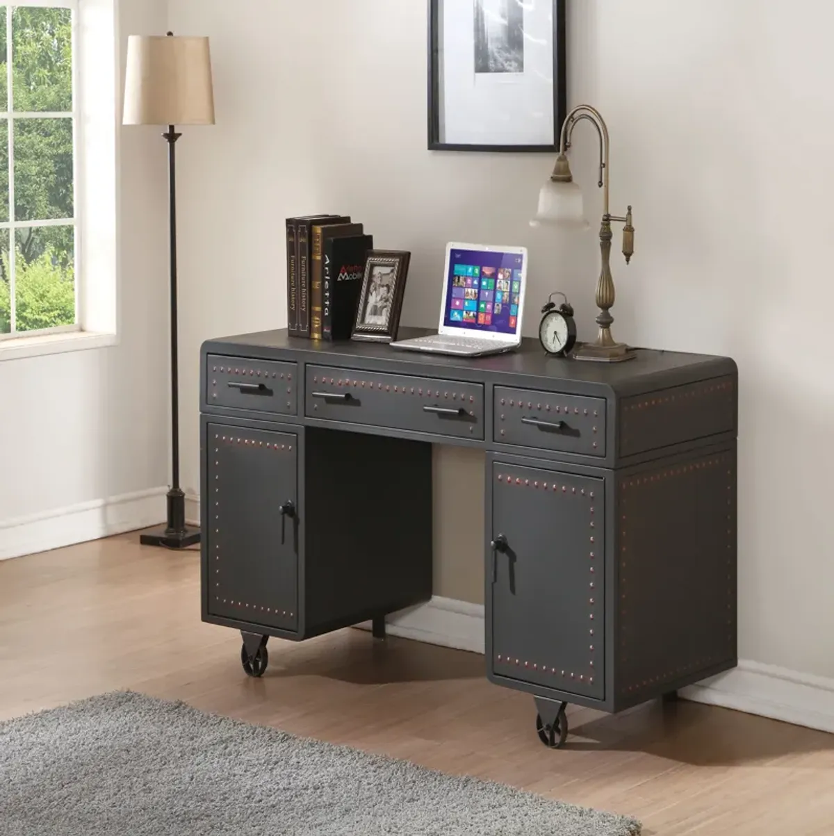 Retro Metal executive Office Desk, Black-Benzara