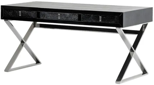 Cyen Office Writing Desk, 57 Inch, Black Crocodile Lacquer, 2 Drawers - Benzara