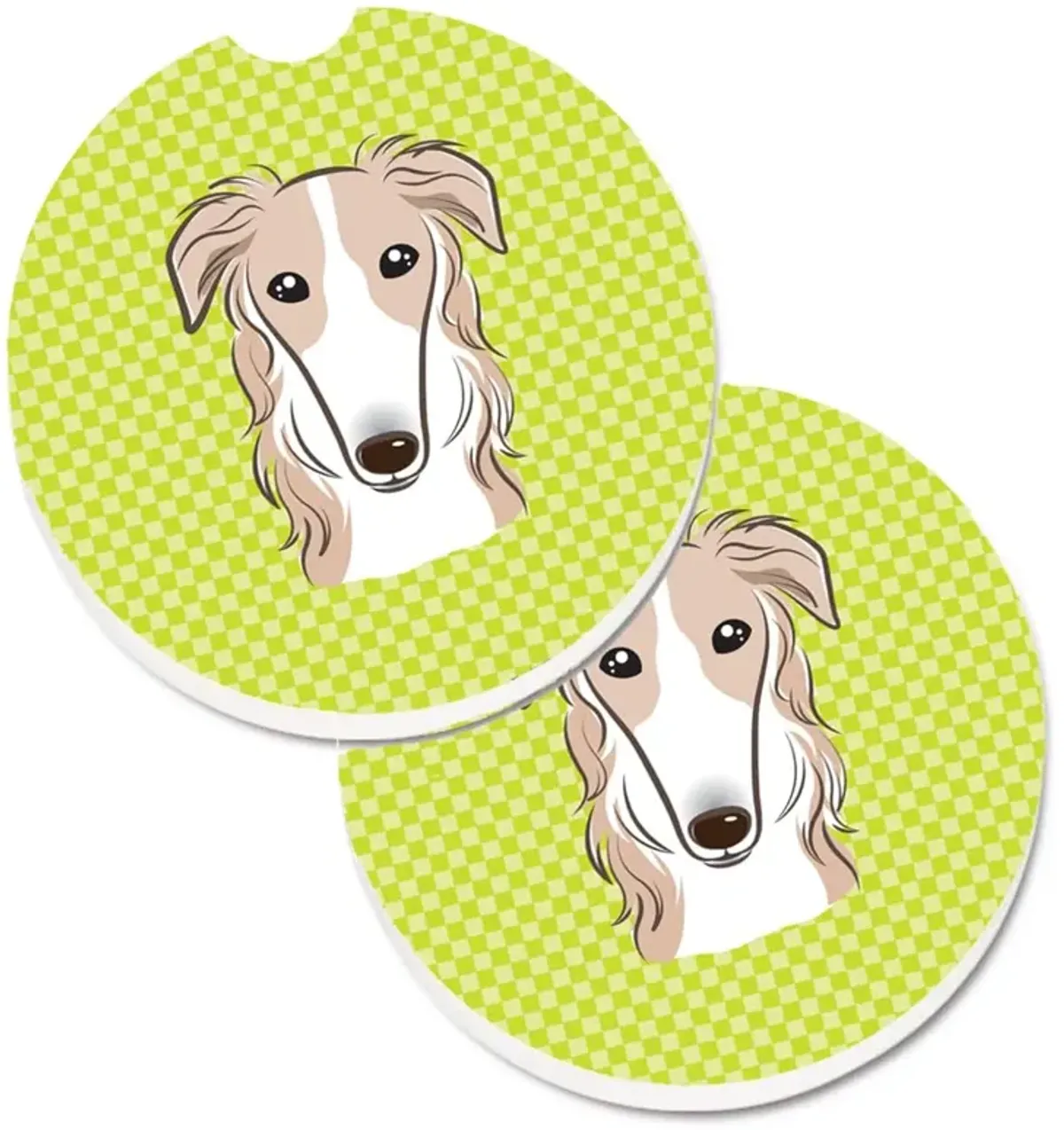 Caroline's Treasures Checkerboard Lime green Borzoi Set of 2 Cup Holder Car Coasters BB1290CARC, 2.56, Multicolor